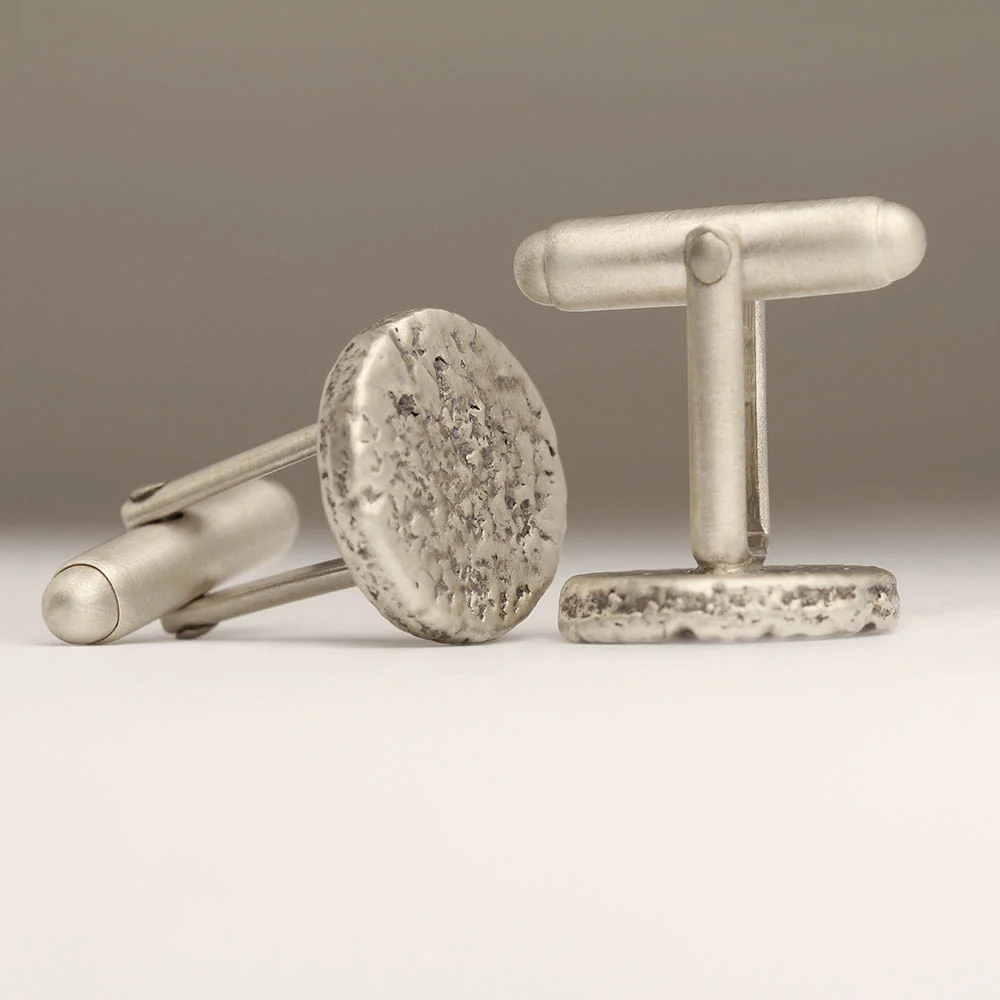 Sandcast Round Silver Cufflinks - Image 3